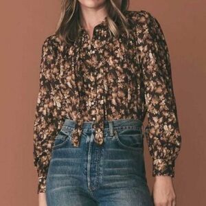 Dôen Brown and Cream Norma Fern Grove Floral Long Sleeve Blouse
